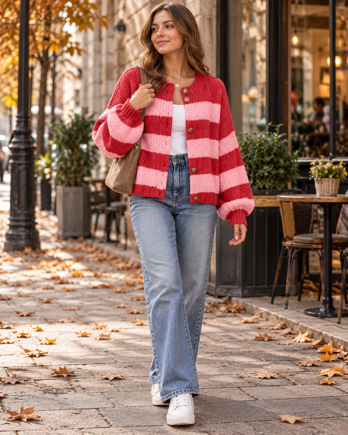 Women's Vienna Oversized Striped Knit Cardigan with Long Sleeves and Gold Button Details