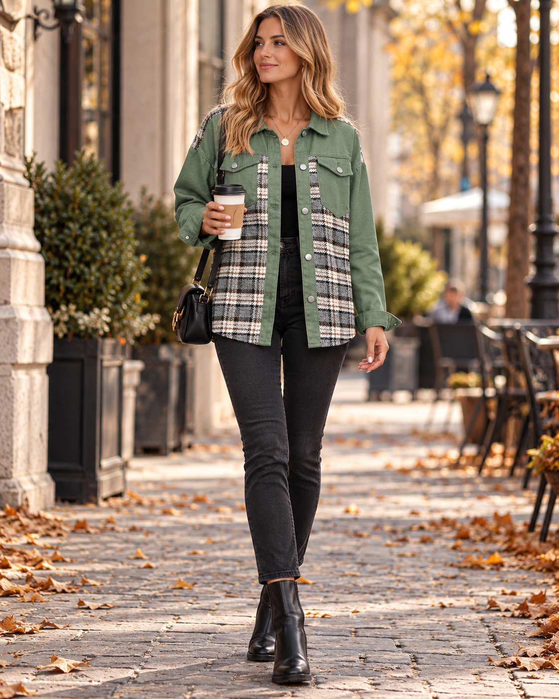 Patricia Women's Loose Fit Denim Shirt Jacket in Washed Denim and Checkered Fabric with Button Closure