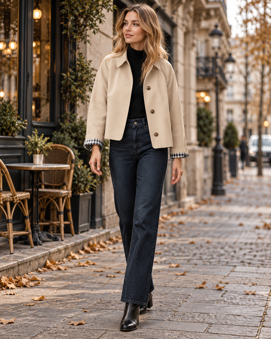 Arielle Women's Short Trench Coat with Checked Lining, Shirt Collar, and Button Closure