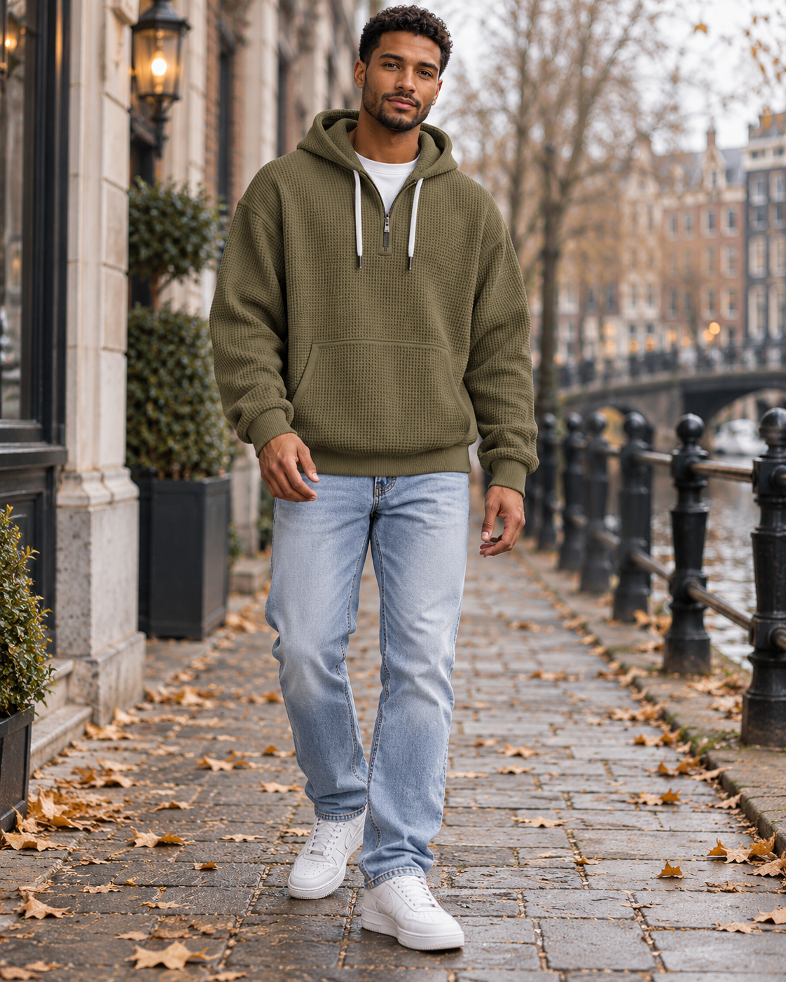 Gian Men's Textured Waffle Knit Hooded Sweatshirt with Kangaroo Pocket and Quarter Zip