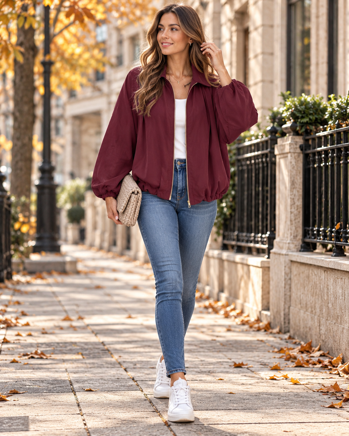 Vienna Women's Oversized Zip-Up Bomber Jacket with Pleated Design and Batwing Sleeves