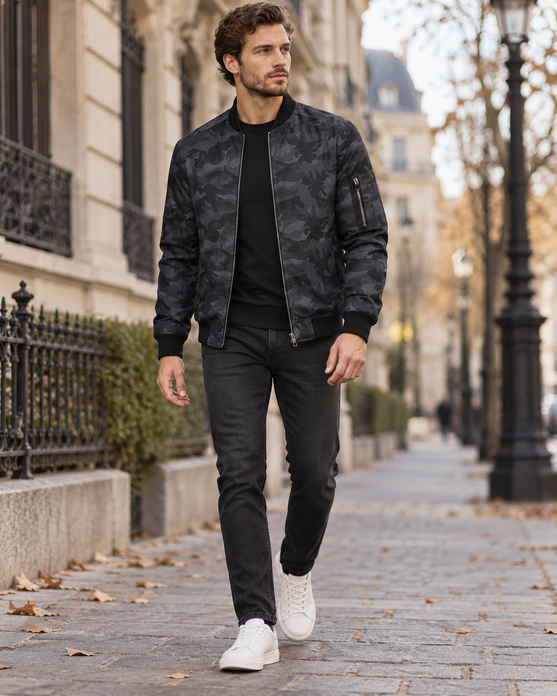 Wesley Men's Lightweight Camouflage Bomber Jacket with Full Zip and Ribbed Details