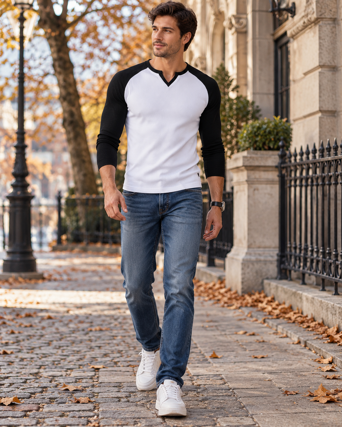 Kian Men's Slim-Fit Ribbed T-Shirt with Contrast V-Neck and Raglan Sleeves