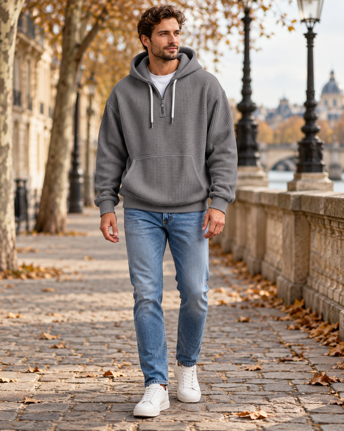Gian Men's Textured Waffle Knit Hooded Sweatshirt with Kangaroo Pocket and Quarter Zip