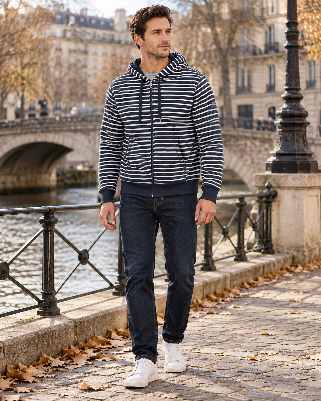 Men's Tomas Fleece-Lined Striped Zip-Up Hoodie with Adjustable Hood