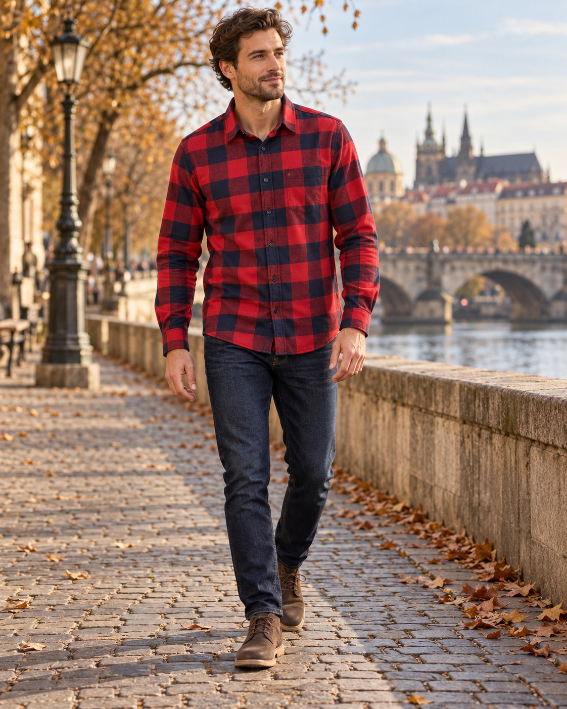 Rafael Men's Lightweight Flannel Checked Cotton Shirt with Adjustable Cuffs