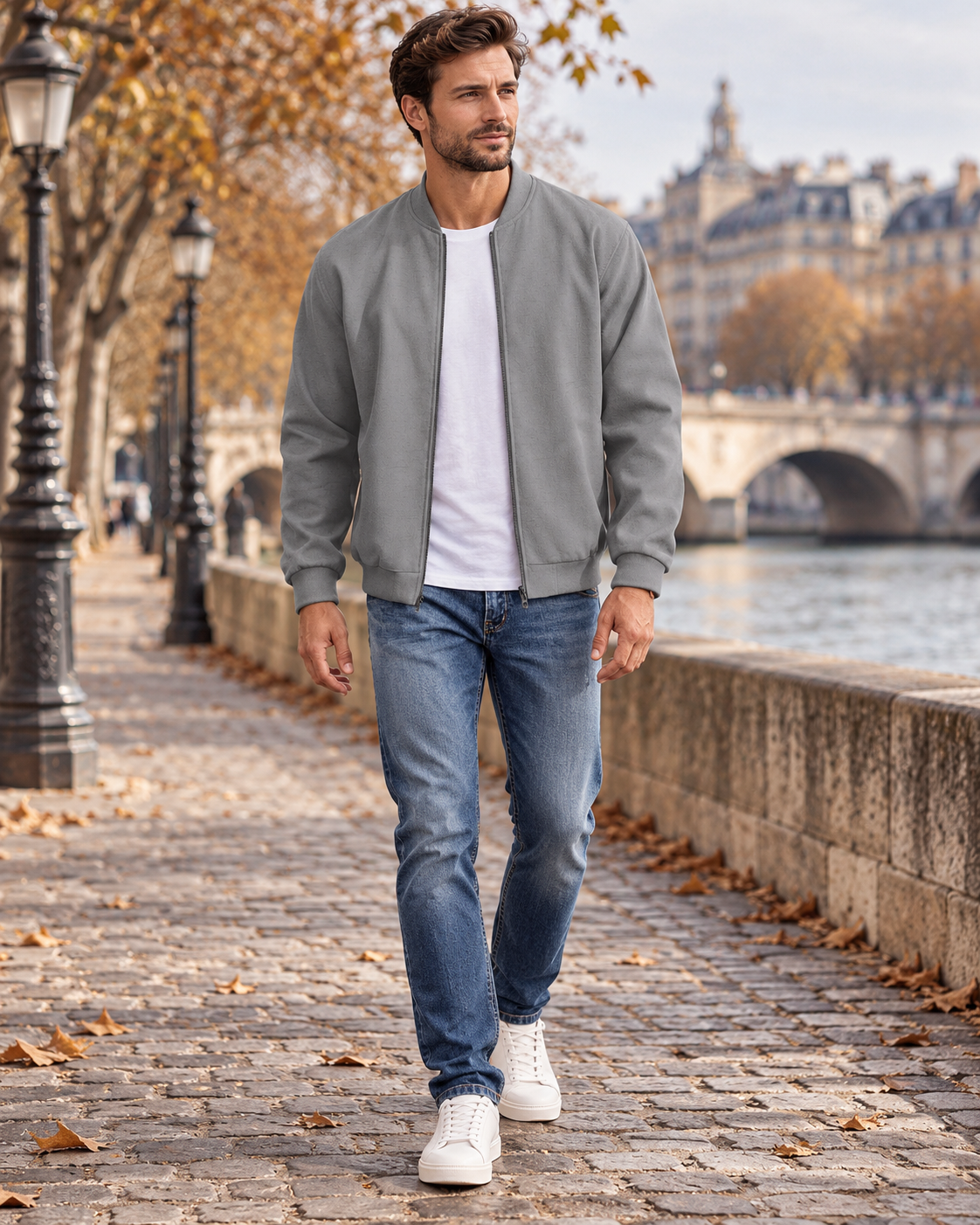 Men's Bryan Linen Bomber Jacket with Ribbed Collar, Front Zip, and Side Pockets