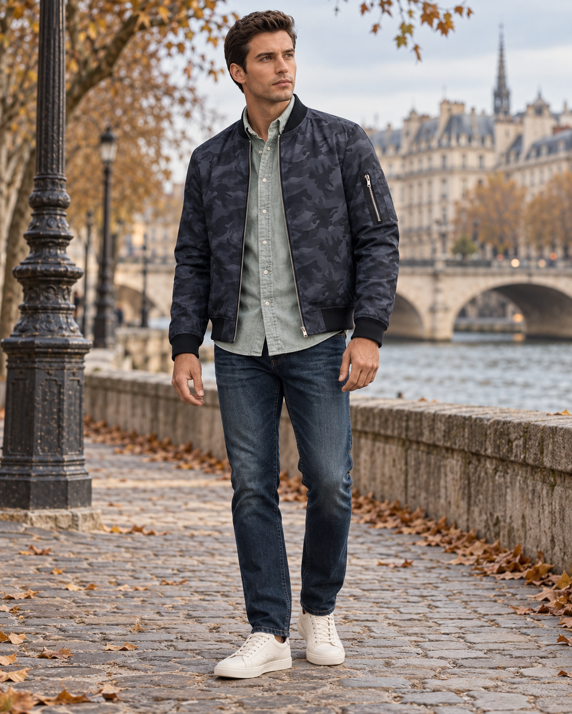 Wesley Men's Lightweight Camouflage Bomber Jacket with Full Zip and Ribbed Details