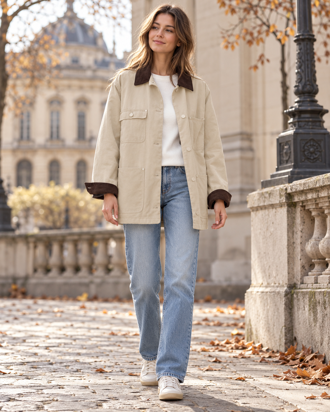 Lara Women's Oversized Cotton Utility Jacket with Corduroy Collar and Patch Pockets