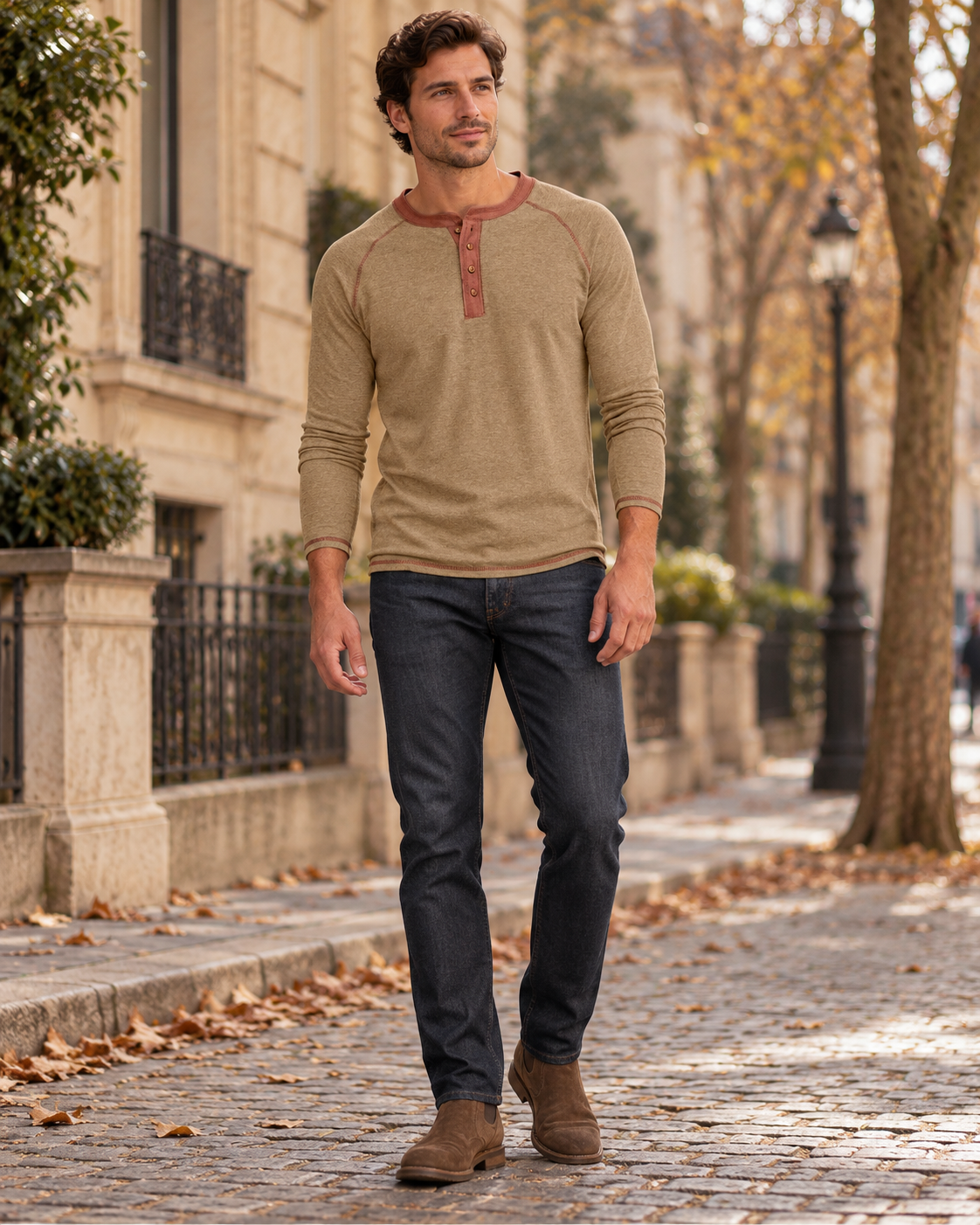 Denzel Men's Lightweight Cotton Long Sleeve Four-Button Henley with Raglan Sleeves