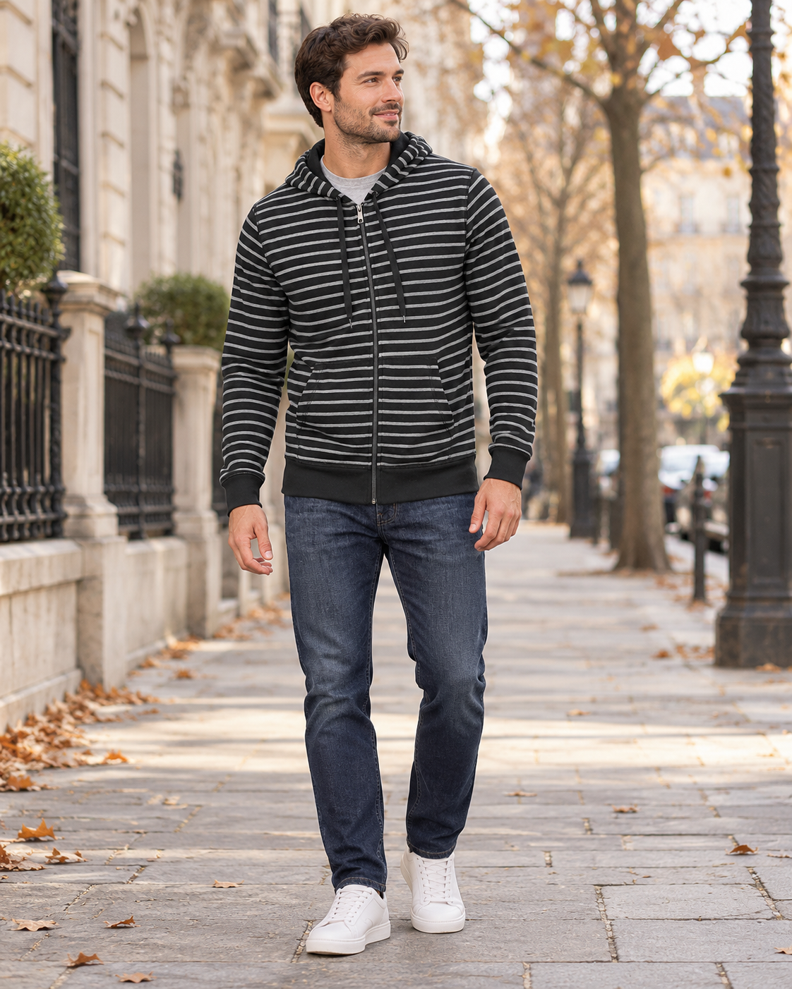 Men's Tomas Fleece-Lined Striped Zip-Up Hoodie with Adjustable Hood