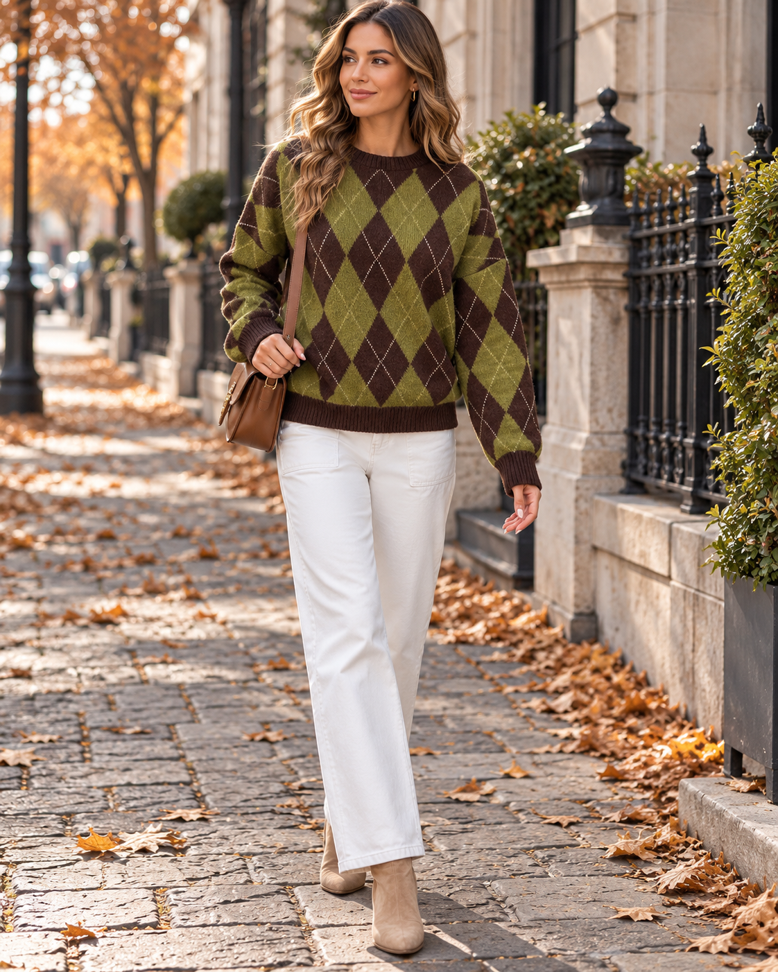 Hailey Women's Oversized Diamond Pattern Knit Sweater with Dropped Shoulders