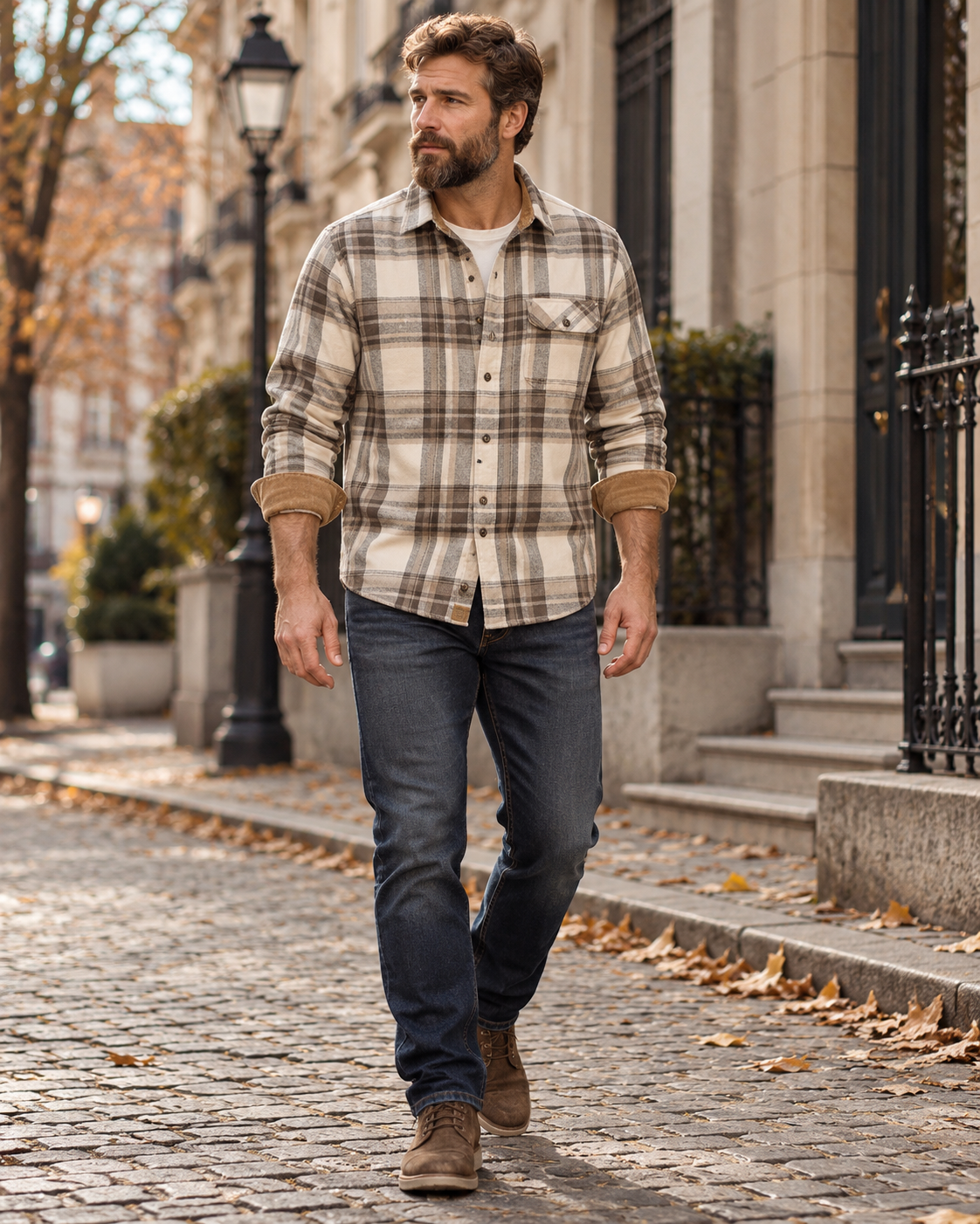 Santino Men's Checkered Flannel Shirt with Corduroy Collar and Cuffs