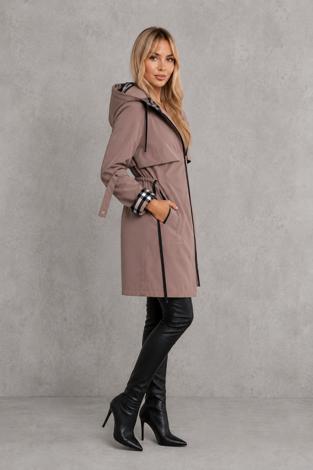 Women's Waterproof Hooded Jacket with Checked Trim