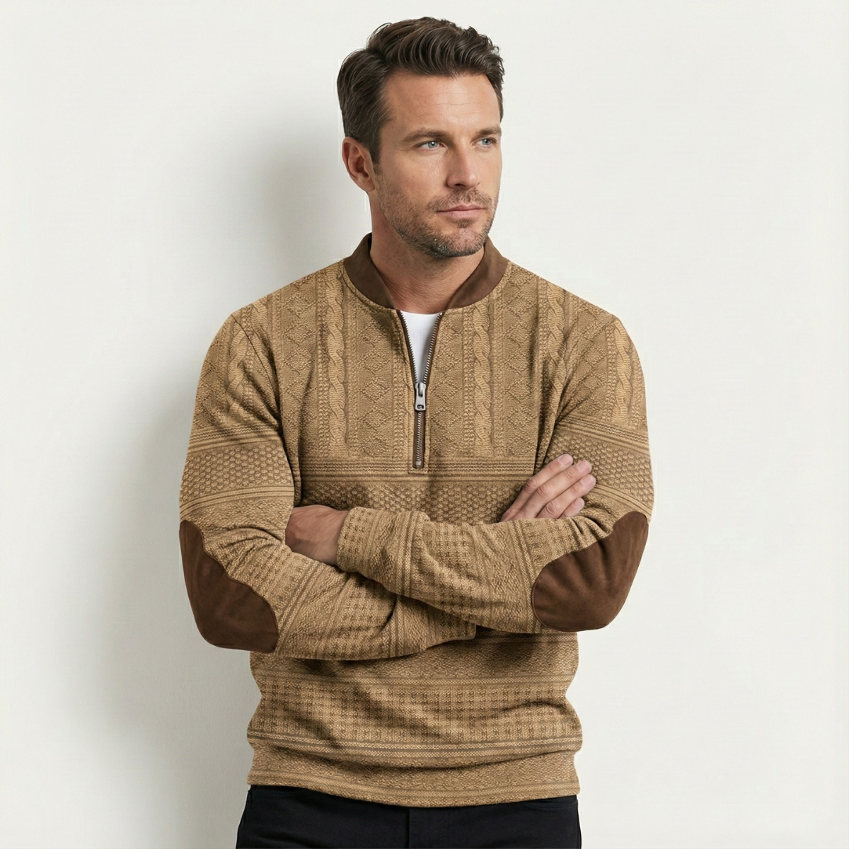 Trendy Men's Half Zip Sweater with Elbow Patches for Casual Wear