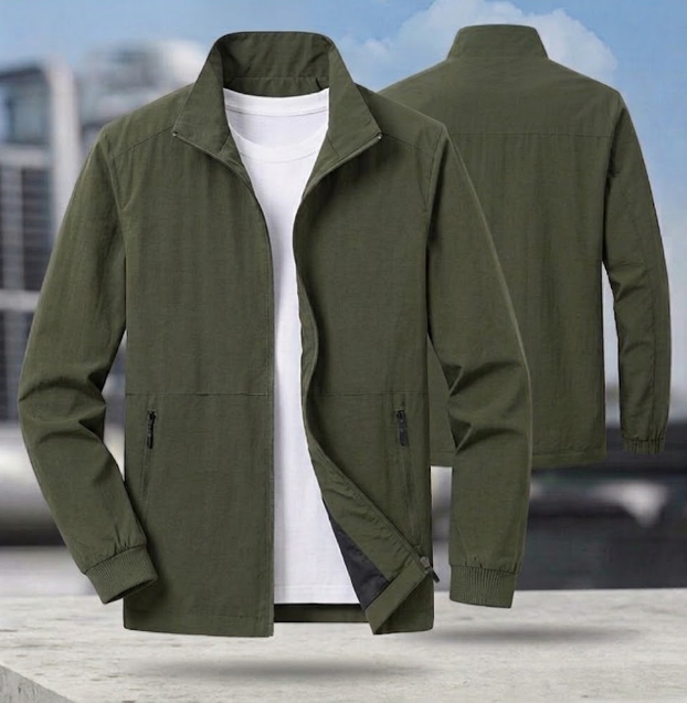 Men's Bomber Jacket with Zip and Stand-Up Collar