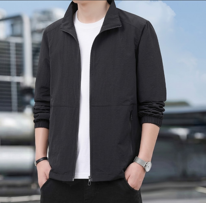 Men's Bomber Jacket with Zip and Stand-Up Collar
