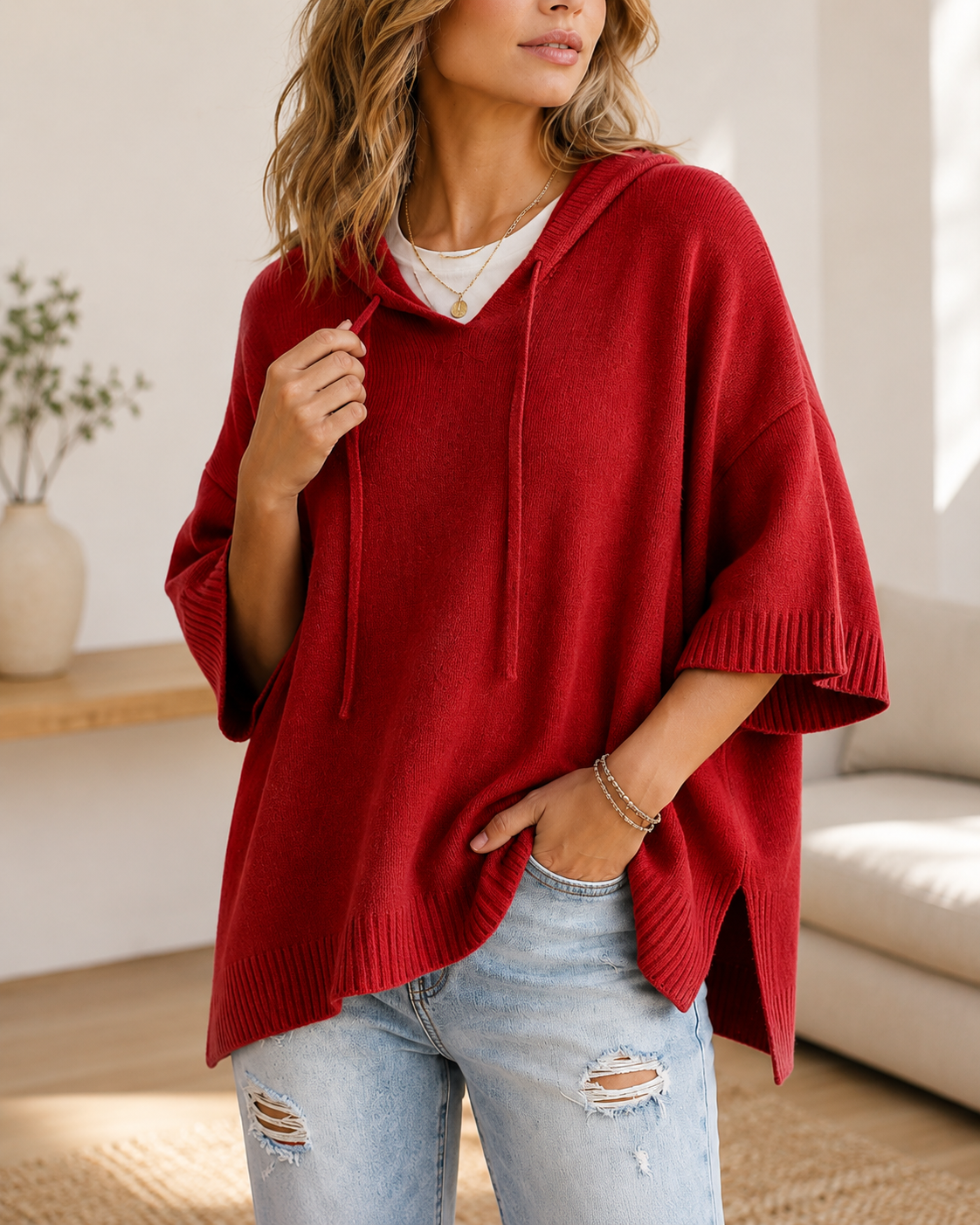 Relaxed Fit Women's 3/4 Sleeve Hoodie