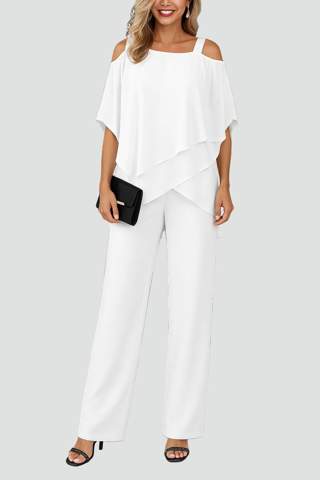 Elegant Lightweight Ladies Set with Off Shoulder Top and Wide Trousers