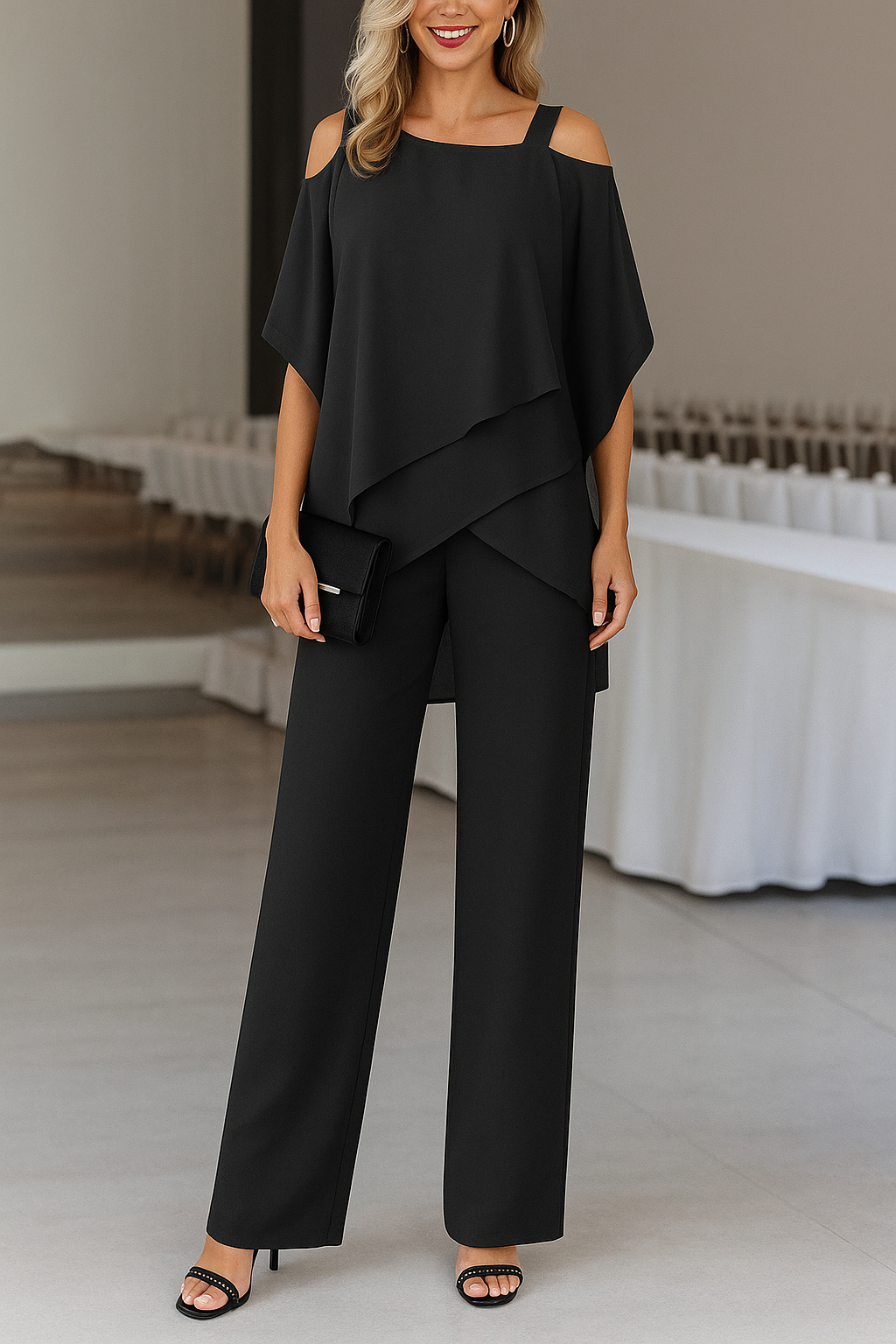Elegant Lightweight Ladies Set with Off Shoulder Top and Wide Trousers