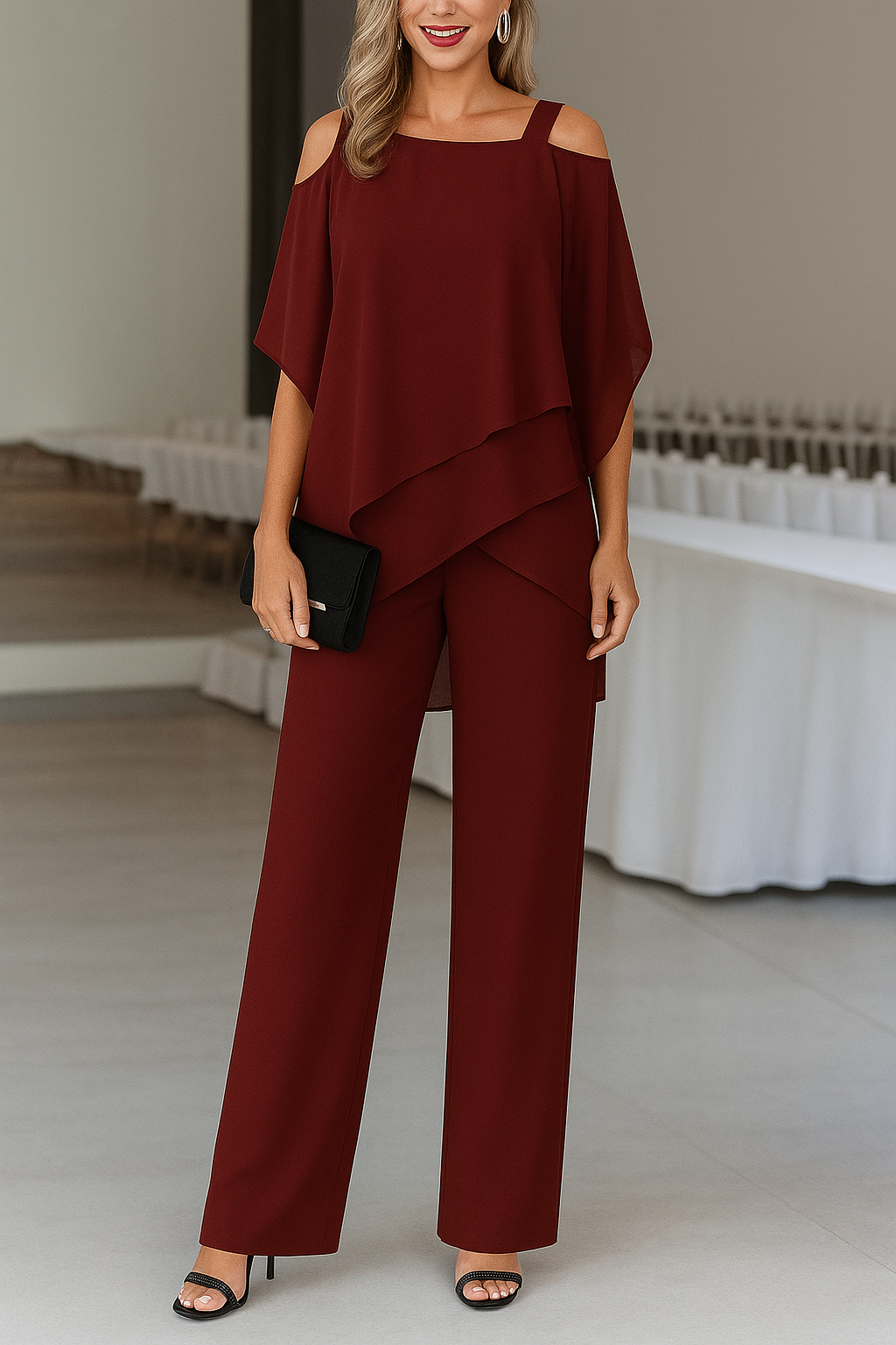 Elegant Lightweight Ladies Set with Off Shoulder Top and Wide Trousers