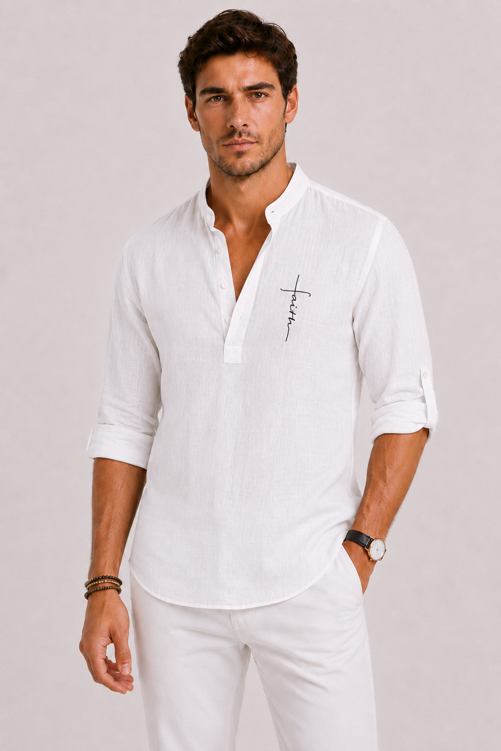 Men's Linen Blouse with Henley Collar