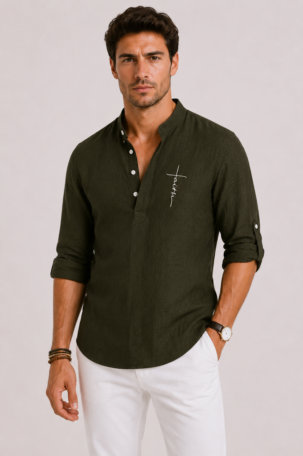 Men's Linen Blouse with Henley Collar