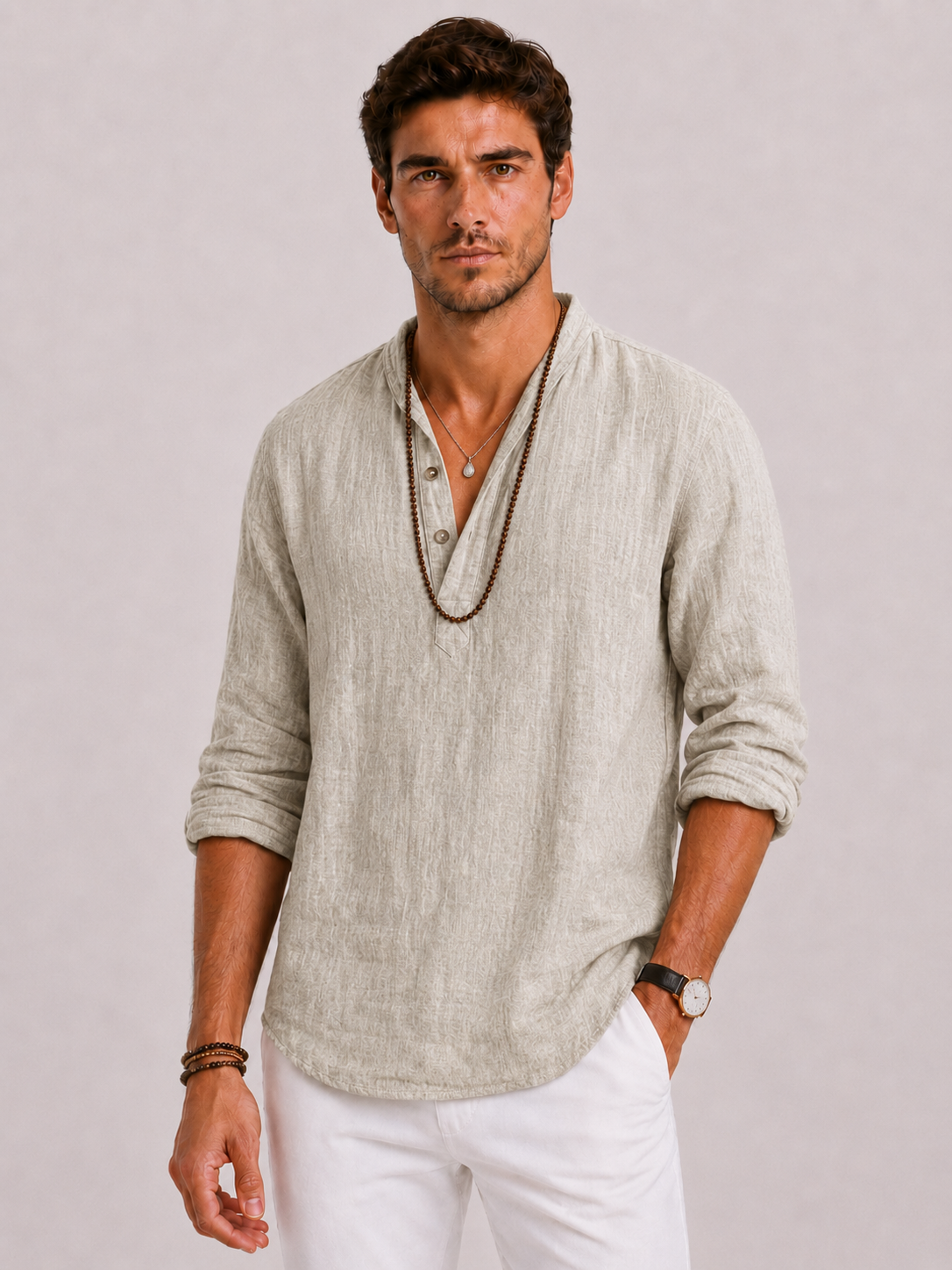 Men's Linen Shirt with V-Neck and Long Sleeves