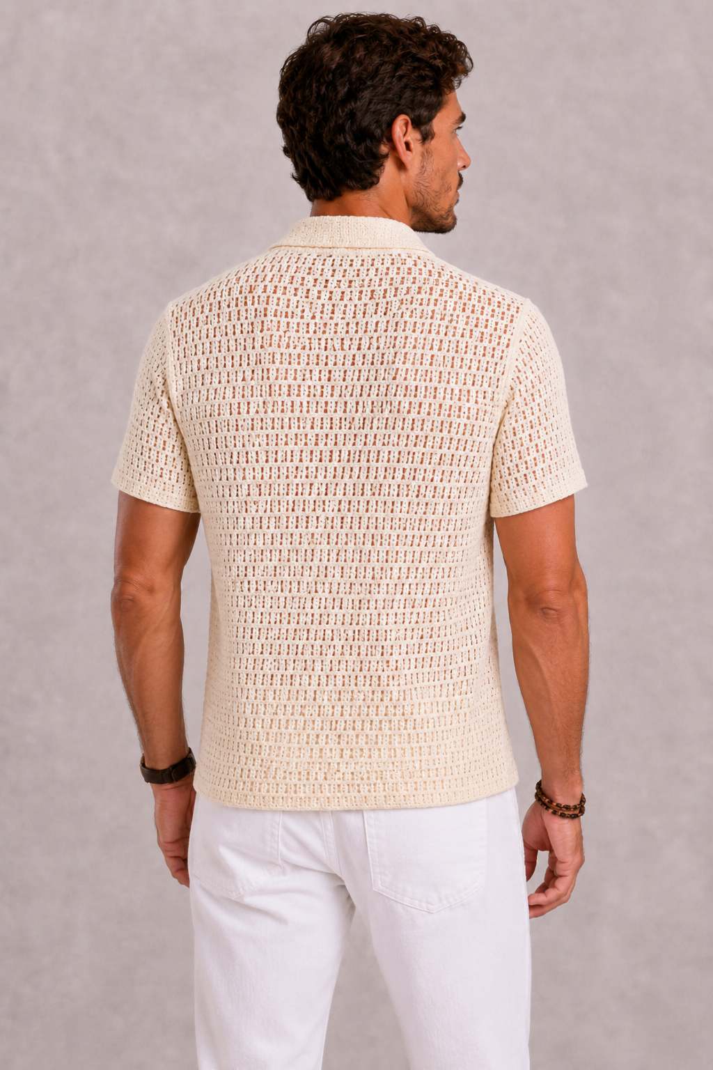 Men's Crocheted Polo Shirt with Botanical Embroidery