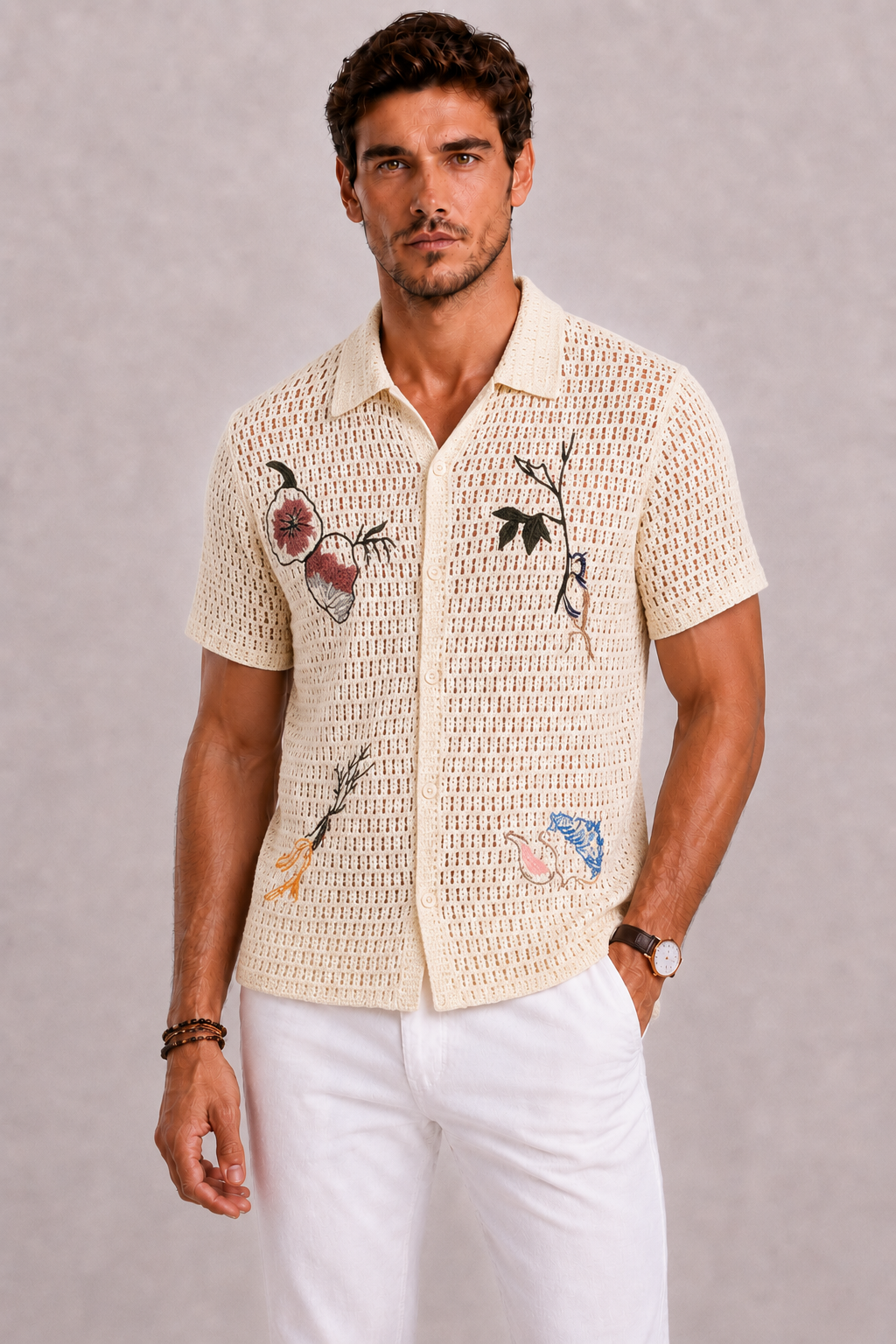 Men's Crocheted Polo Shirt with Botanical Embroidery