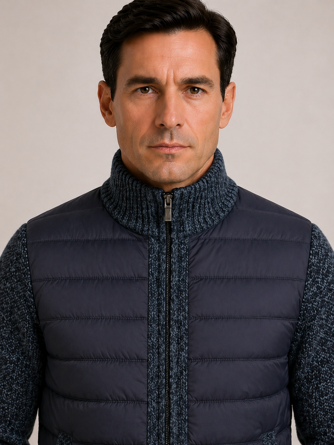 Men's Mid-Season Jacket with Quilted Front and Knitted Sleeves, Zip Closure
