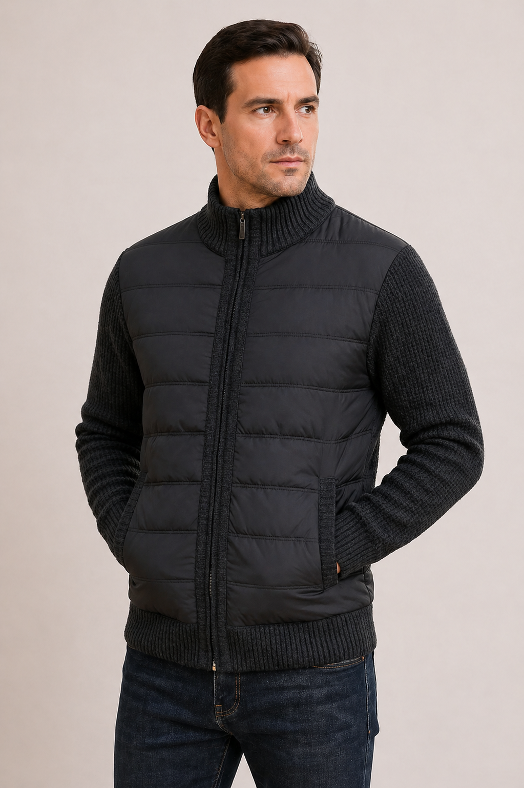 Men's Mid-Season Jacket with Quilted Front and Knitted Sleeves, Zip Closure