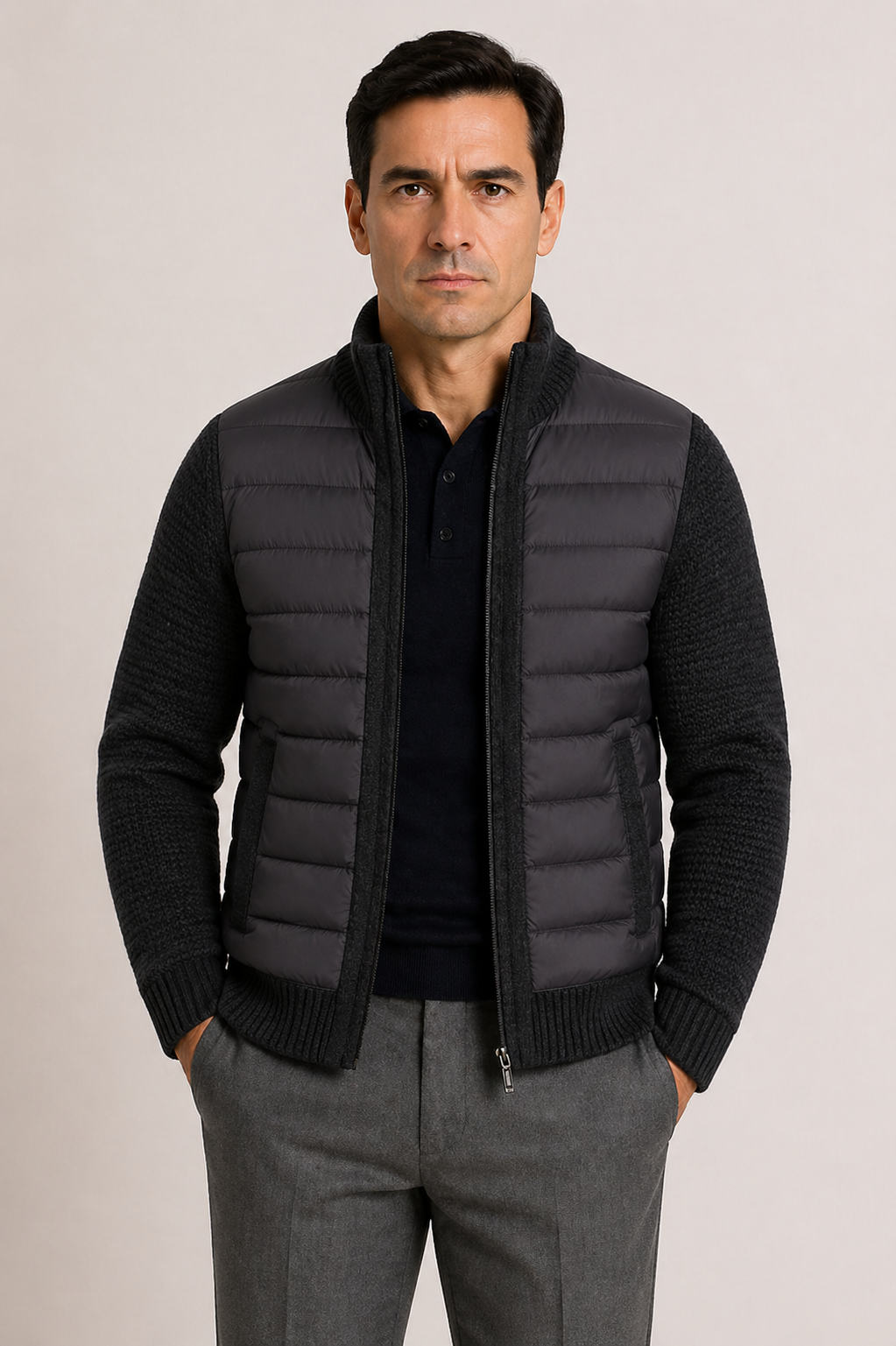 Men's Mid-Season Jacket with Quilted Front and Knitted Sleeves, Zip Closure