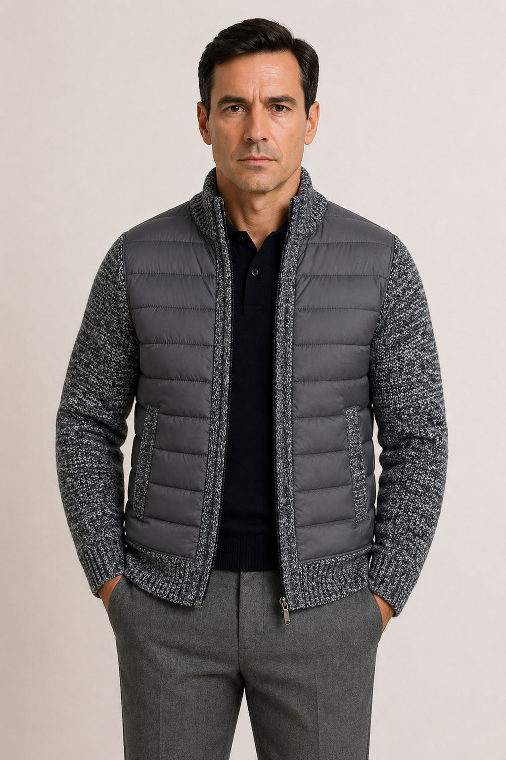 Men's Mid-Season Jacket with Quilted Front and Knitted Sleeves, Zip Closure