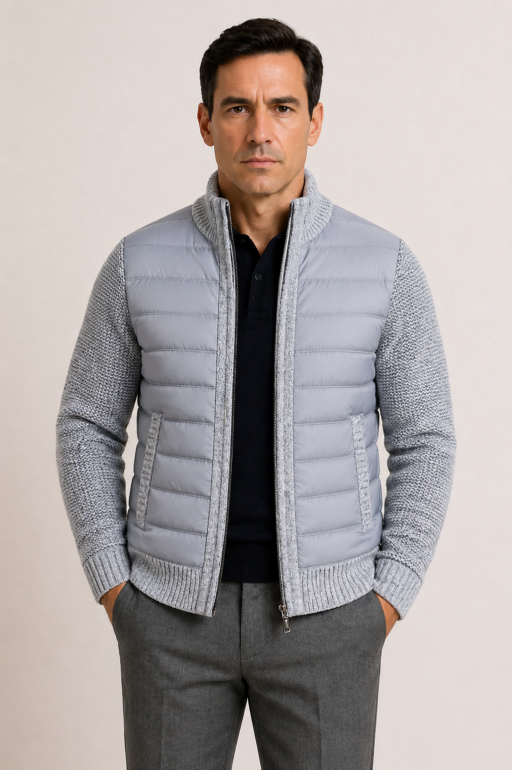 Men's Mid-Season Jacket with Quilted Front and Knitted Sleeves, Zip Closure