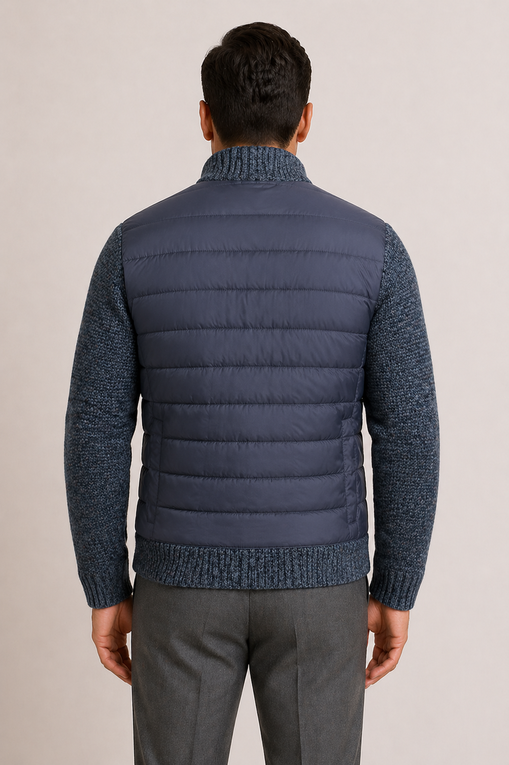 Men's Mid-Season Jacket with Quilted Front and Knitted Sleeves, Zip Closure