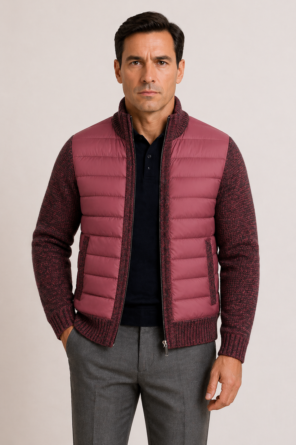 Men's Mid-Season Jacket with Quilted Front and Knitted Sleeves, Zip Closure
