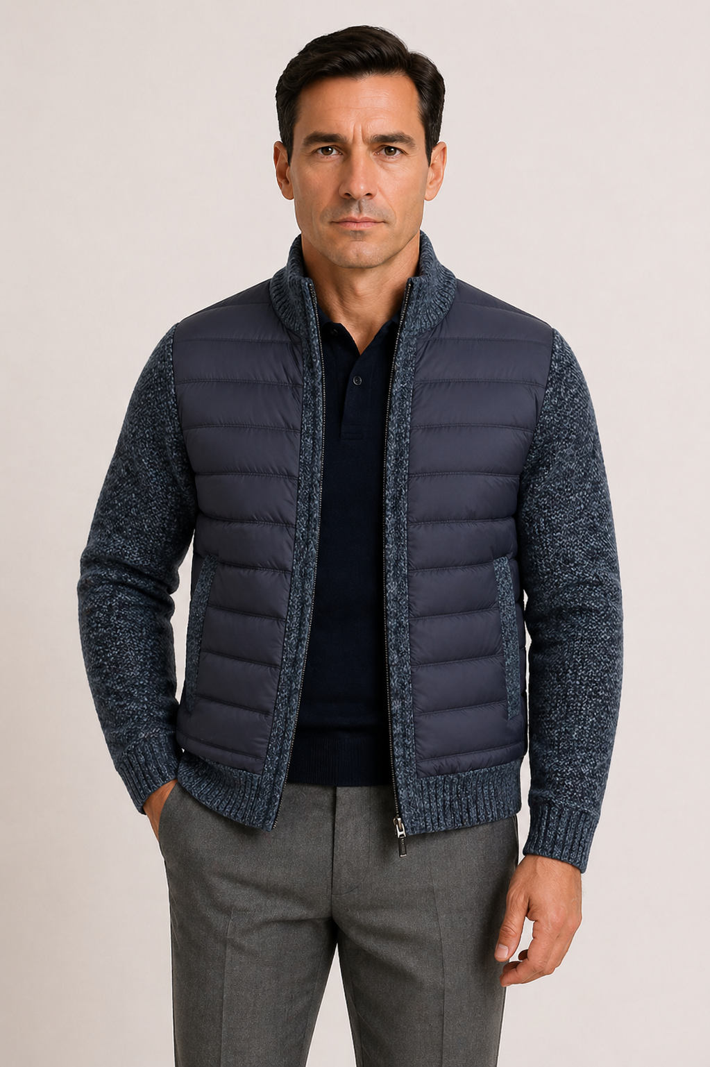 Men's Mid-Season Jacket with Quilted Front and Knitted Sleeves, Zip Closure