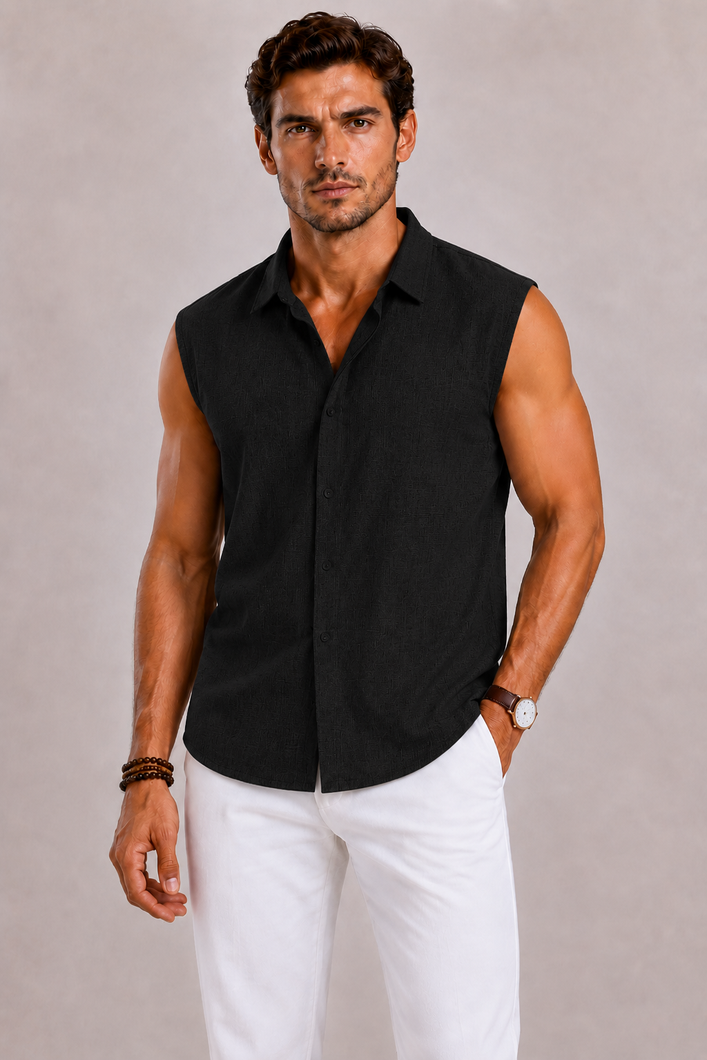 Men's Sleeveless Shirt in Cotton-Linen Blend