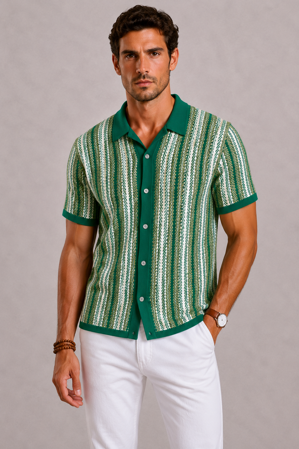 Men's Knitted Polo Shirt with Vertical Stripes