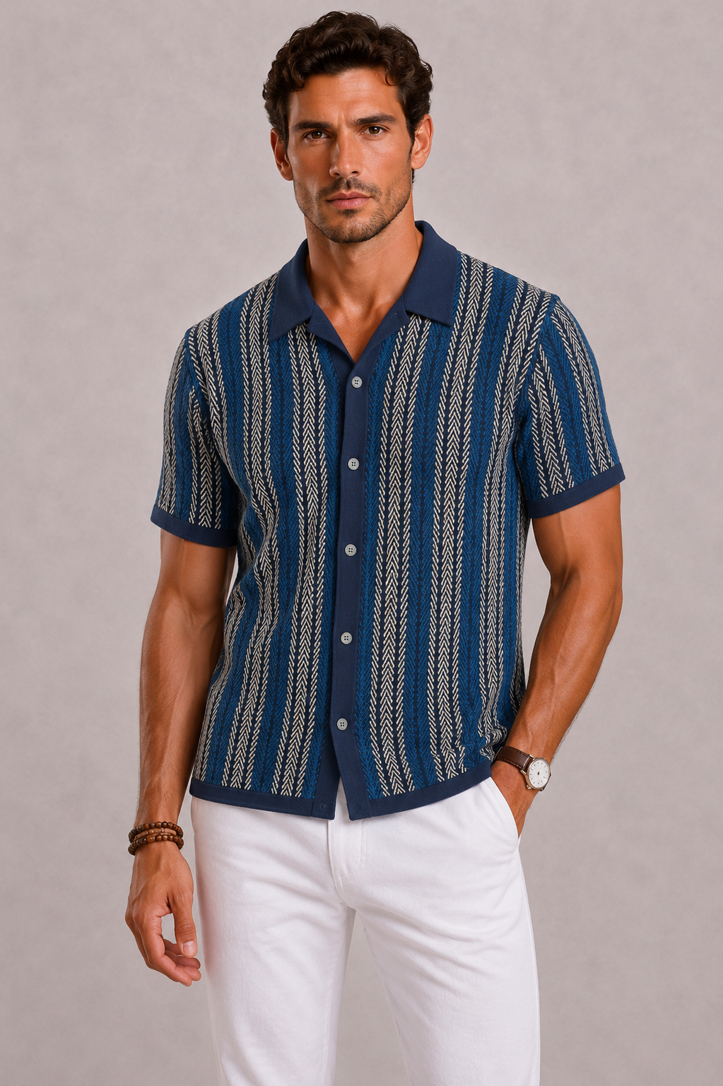 Men's Knitted Polo Shirt with Vertical Stripes