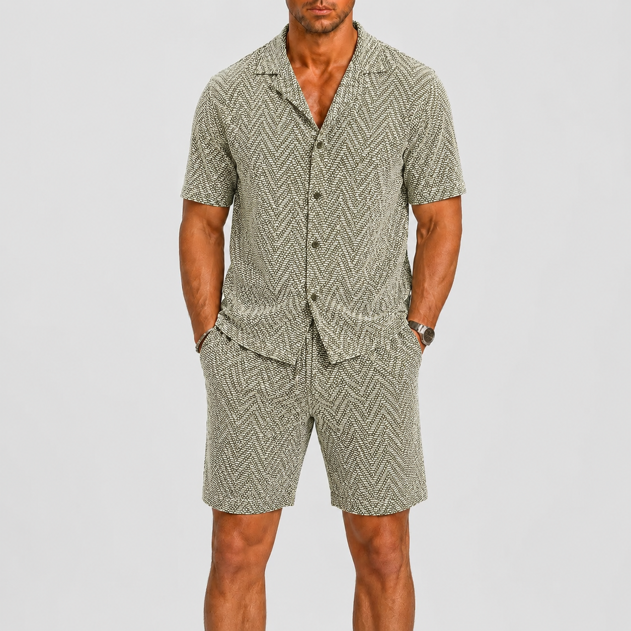 Men's Summer Set with Geometric Jacquard Pattern