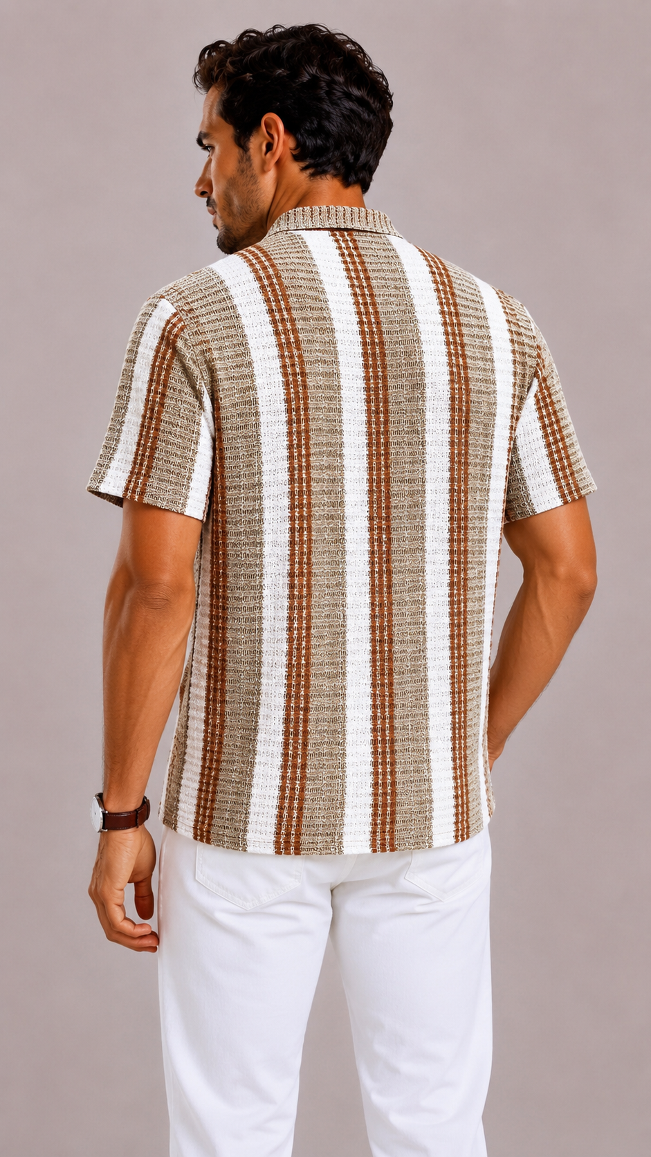 Men's Striped Short-Sleeved Shirt with Turned-Down Collar