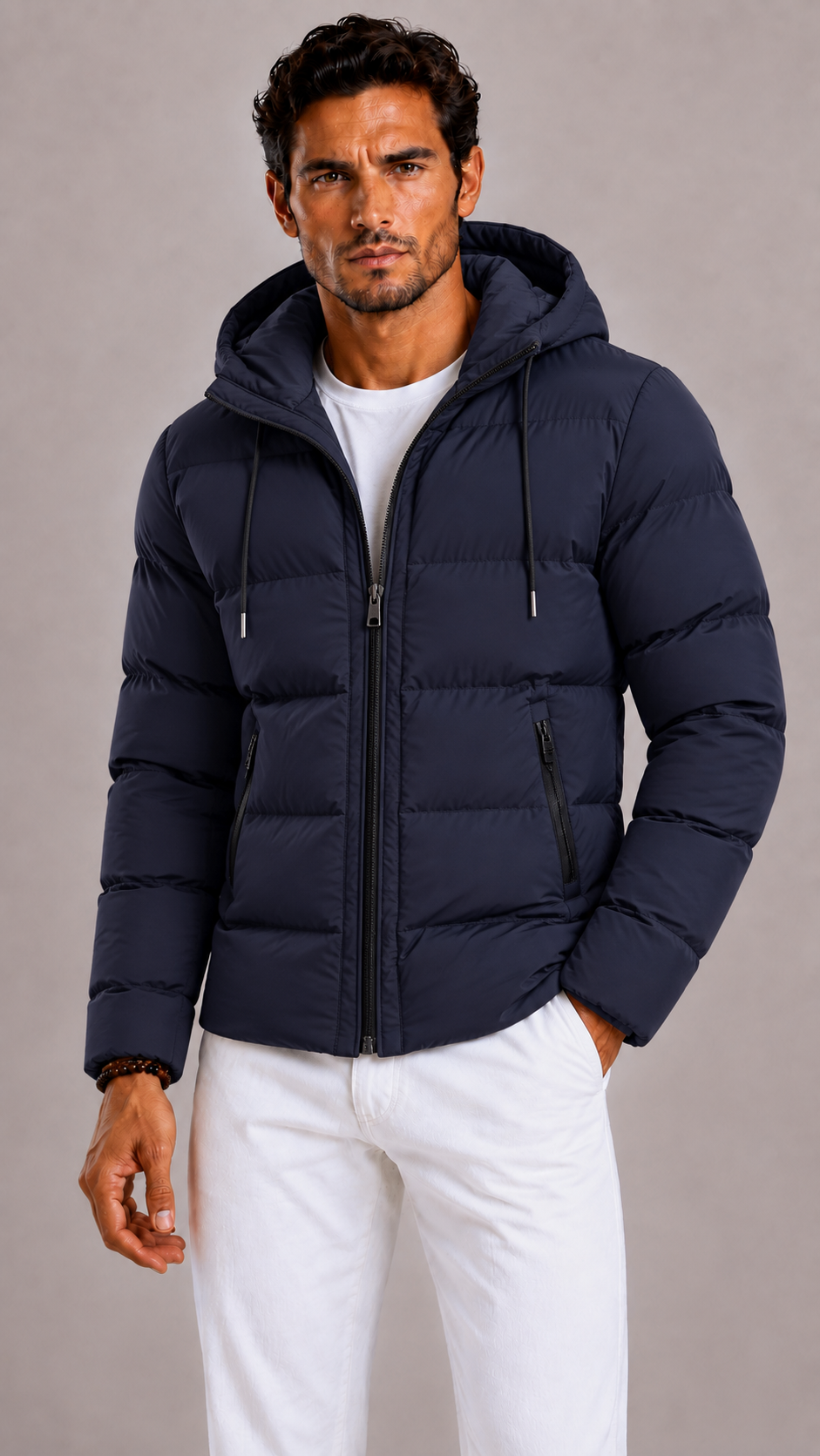 Men's Padded Parka with Hood and Zip Closure