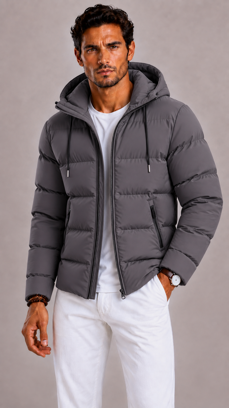 Men's Padded Parka with Hood and Zip Closure