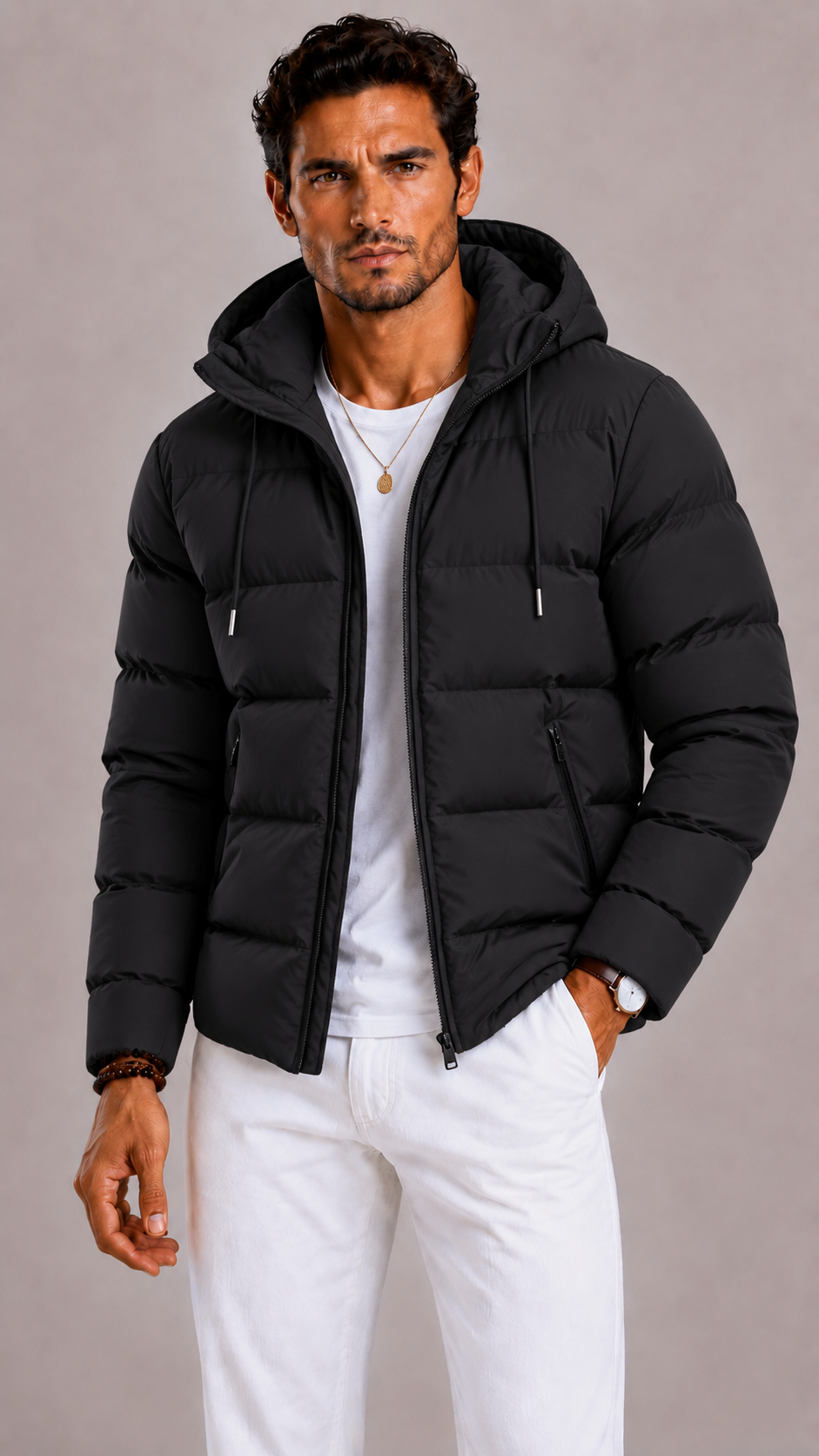 Men's Padded Parka with a Hood and Zipper