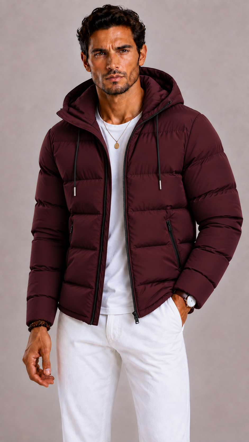 Men's Padded Parka with Hood and Zip Closure