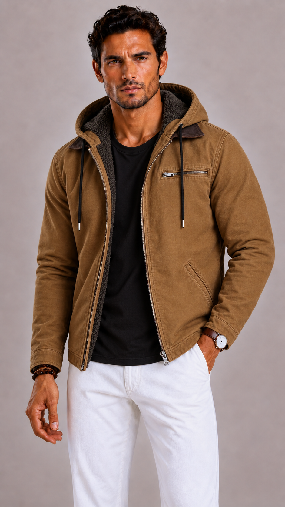Men's Mid-Length Winter Coat with Padded Lining and Zip Closure