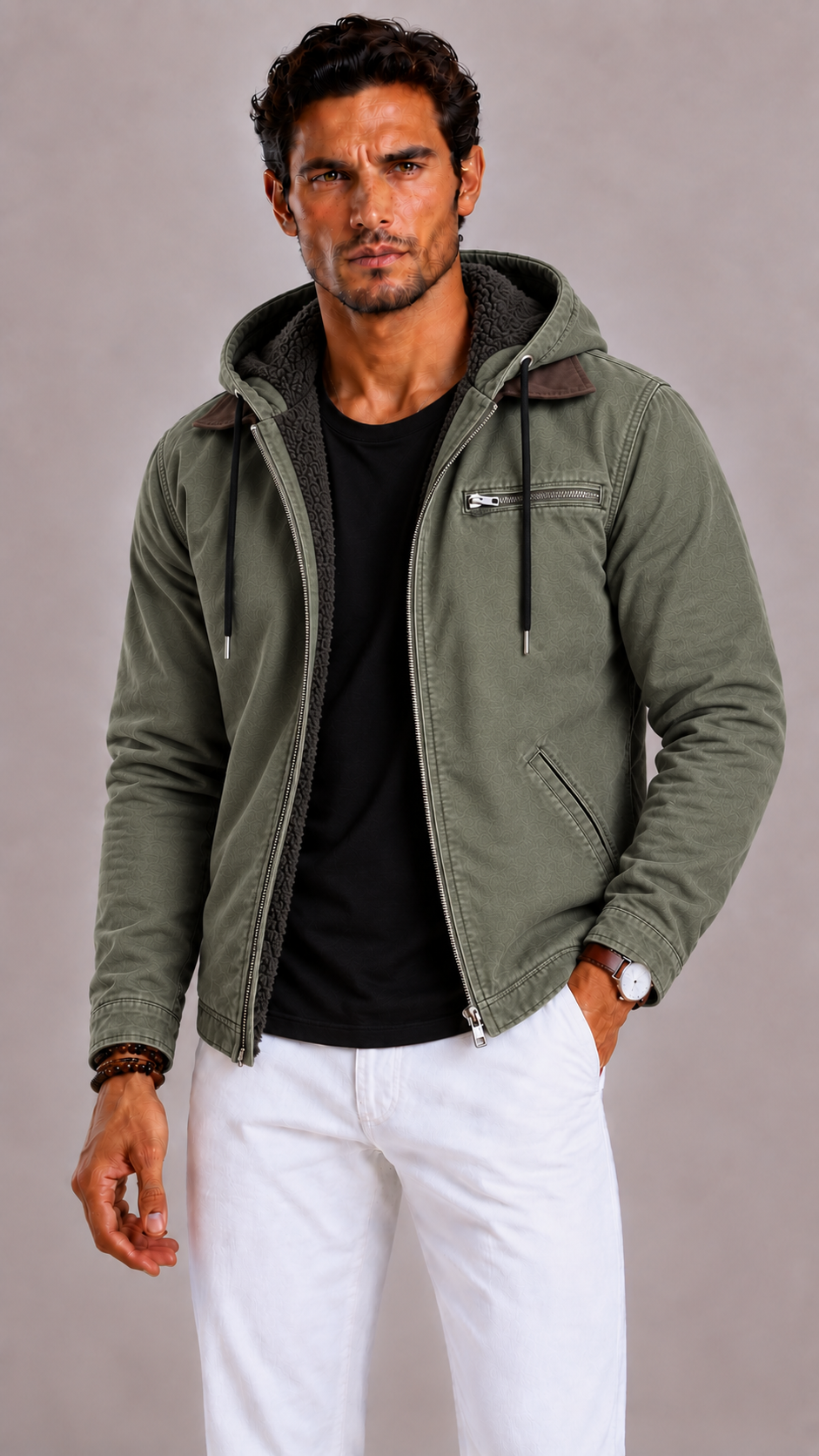 Men's mid-length winter coat with a quilted lining and zipper