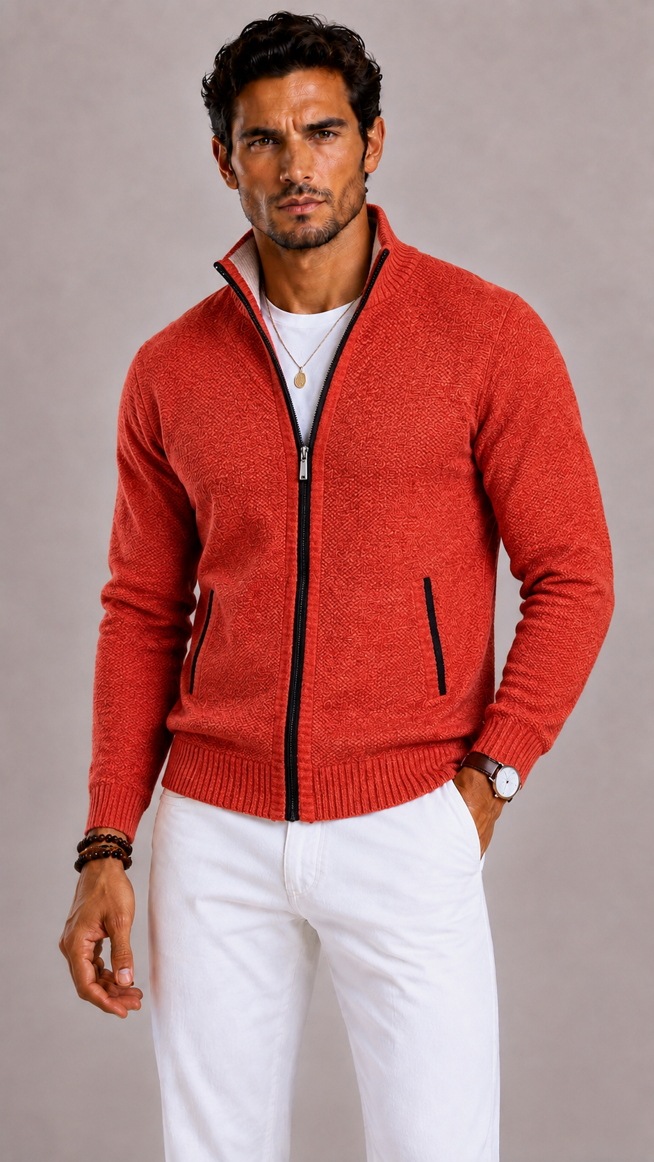 Men's Gilet with Zip Fastening, Stand-Up Collar and Side Pockets